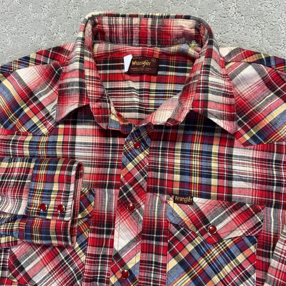 Vintage 80s Wrangler Western Shirt Mens XL‎ Red Plaid Pearl Snap Cowboy Western